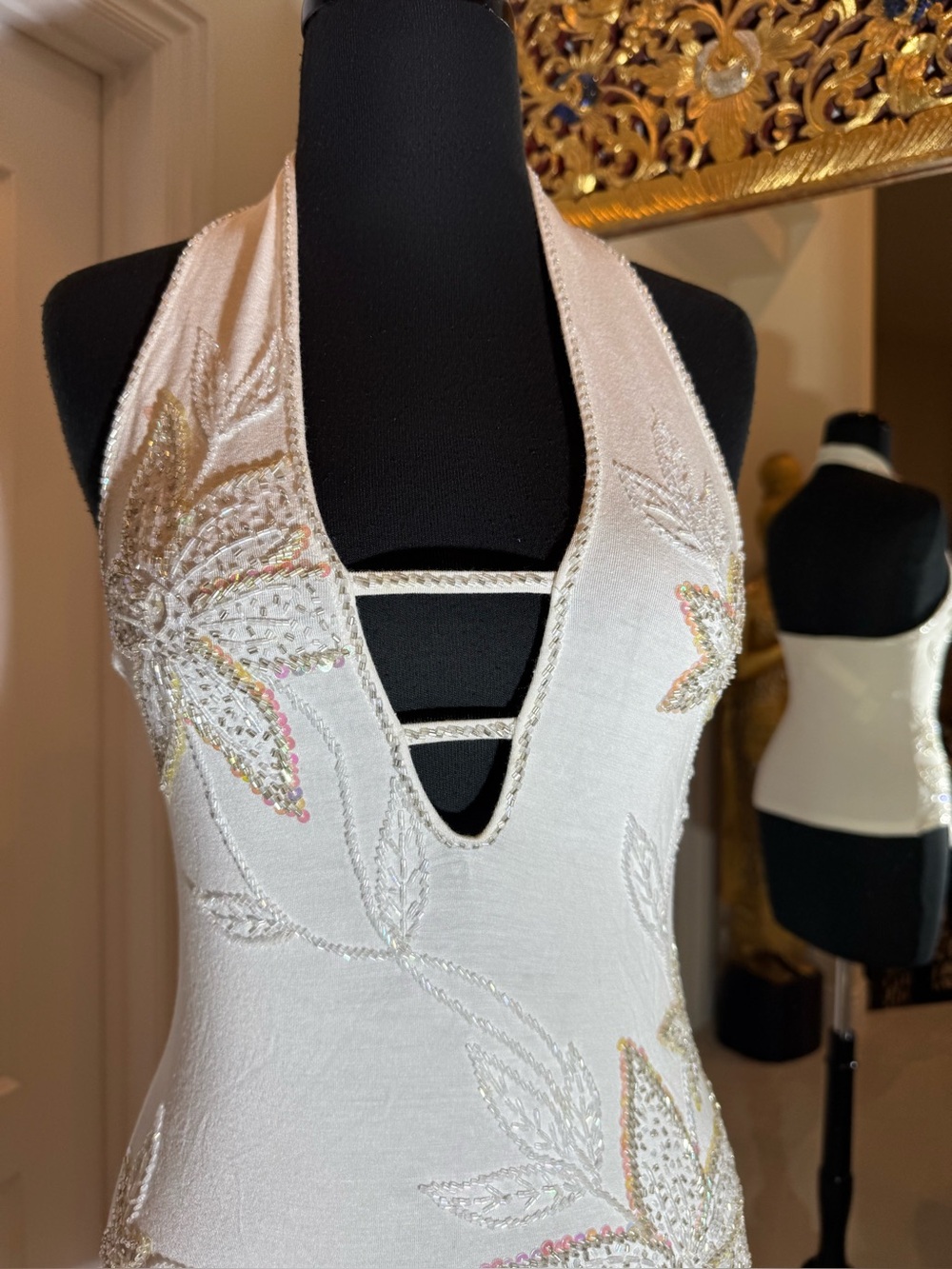 White Embellished hand beaded stretch Halter Camisole Top - Picture 3 of 6